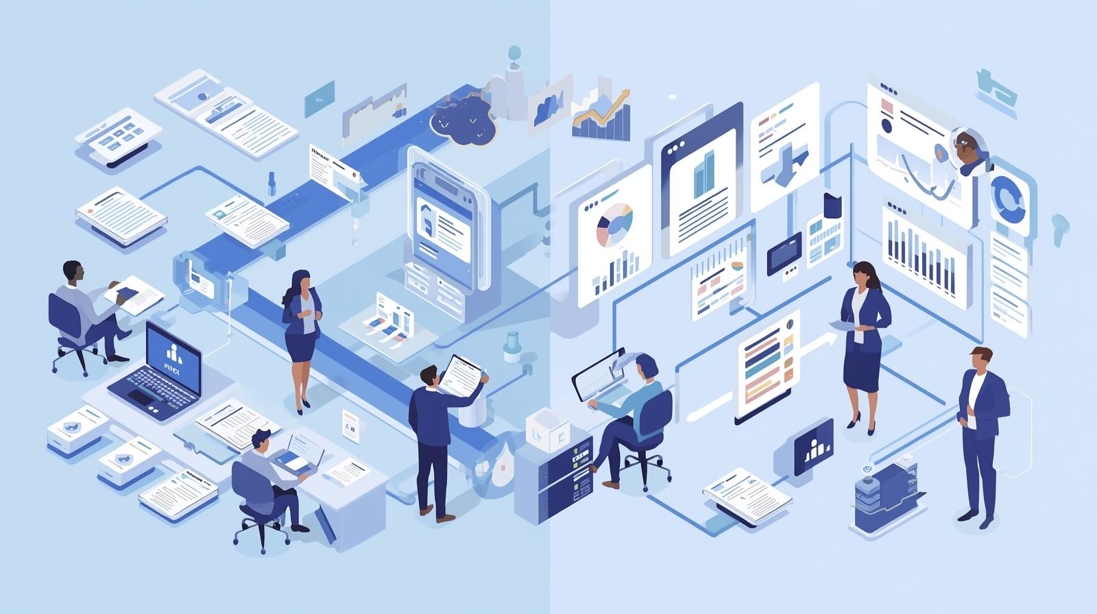 Business professionals interacting with data visualizations and digital interfaces.